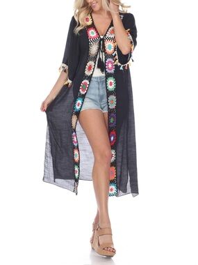 Unbranded Black Lightweight Crochet Detail Tie Duster Tassels Womens One Size
